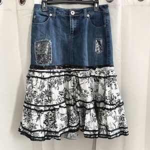 Christiana Zinn Midi Skirt Small Denim Tiered Mix Media Western Lace Y2K 18440x